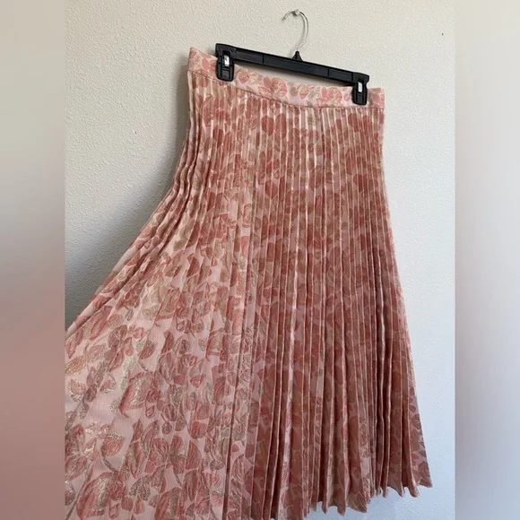 Kate Spade Pink Floral Pleated Midi Skirt Metallic Shimmer Size 10 - Picture 5 of 9